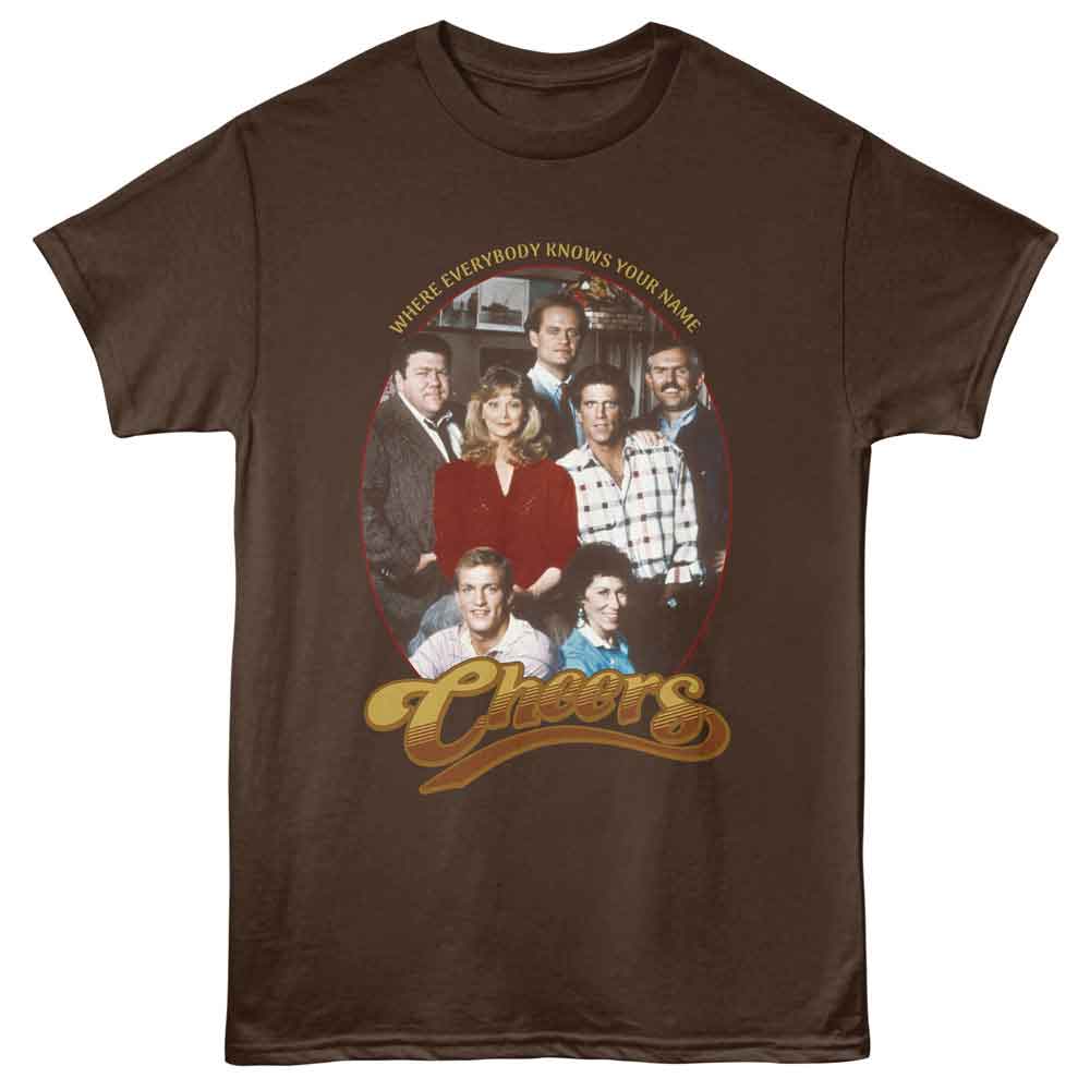 Dark chocolate Cheers t-shirt featuring Cheers Group Shot cast design
