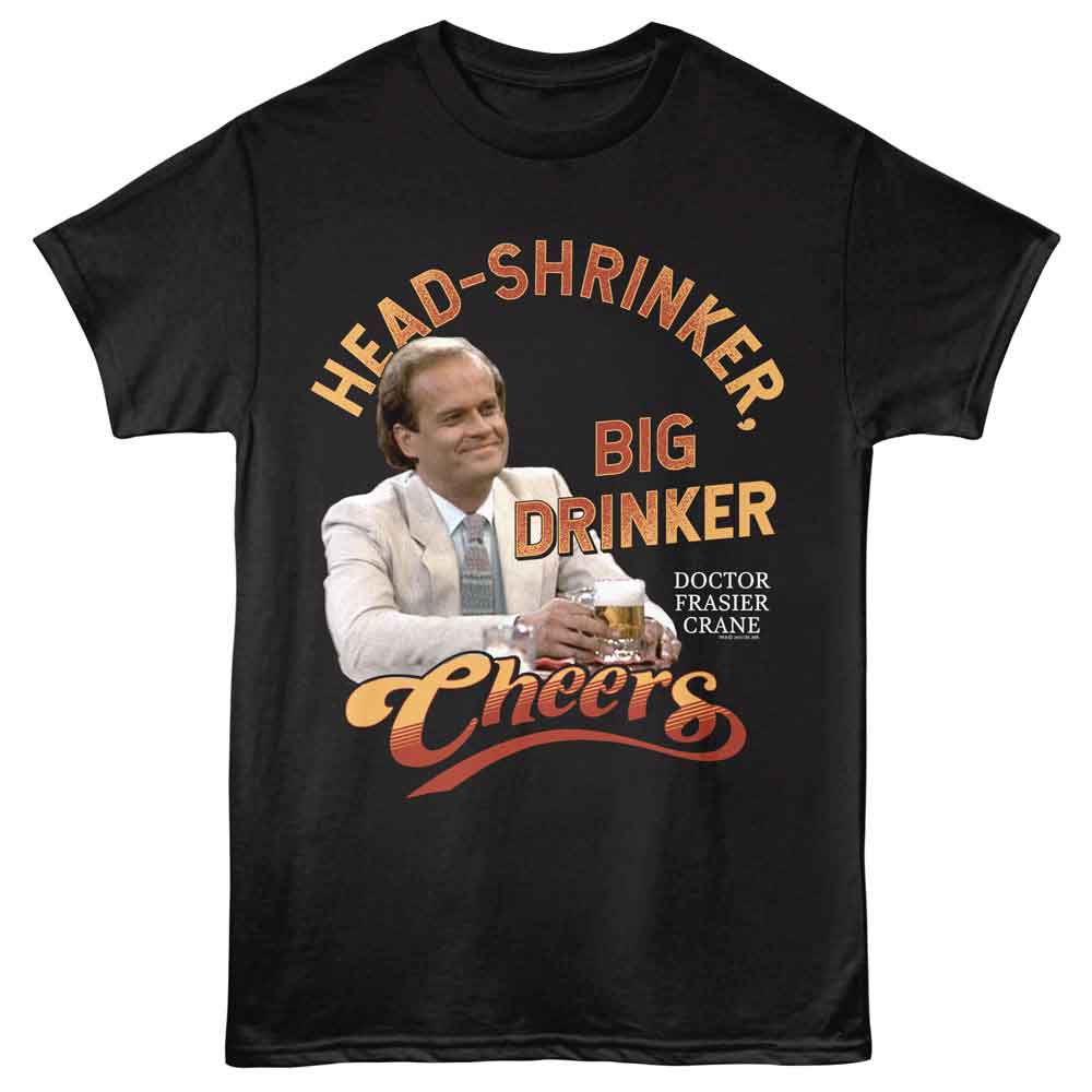 Black Cheers t-shirt featuring Cheers Frasier Head Shrinker design