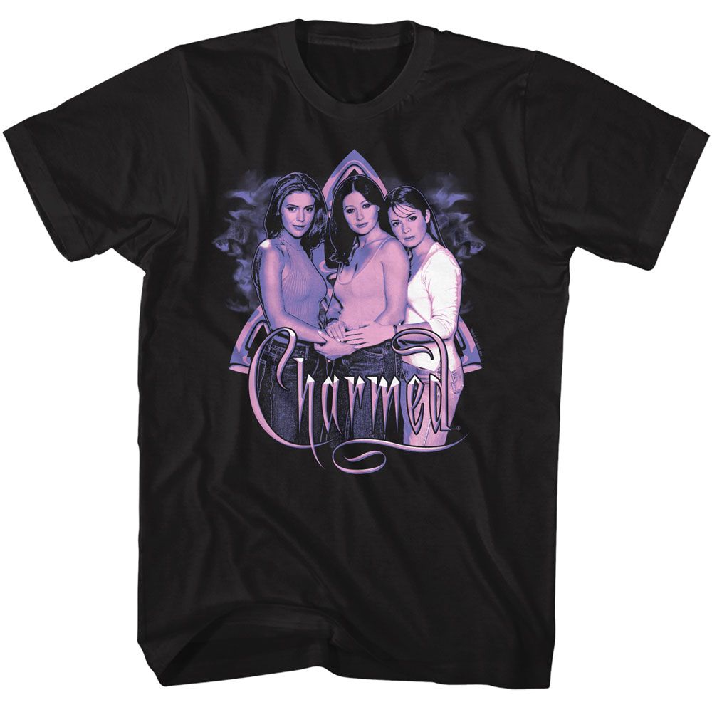Black Charmed t-shirt featuring Charmed sisters in purple cast portrait