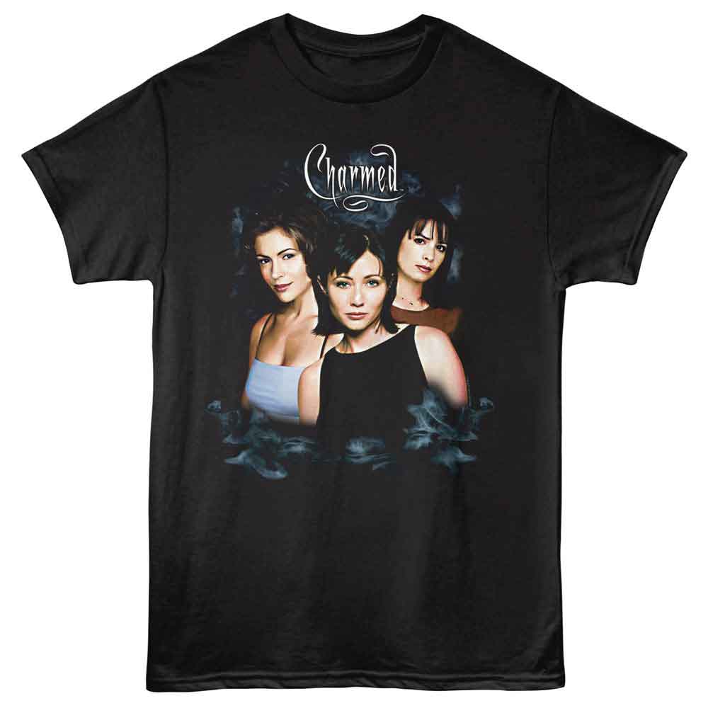 Black Charmed t-shirt featuring Charmed Halliwell sisters in smoke effect treatment