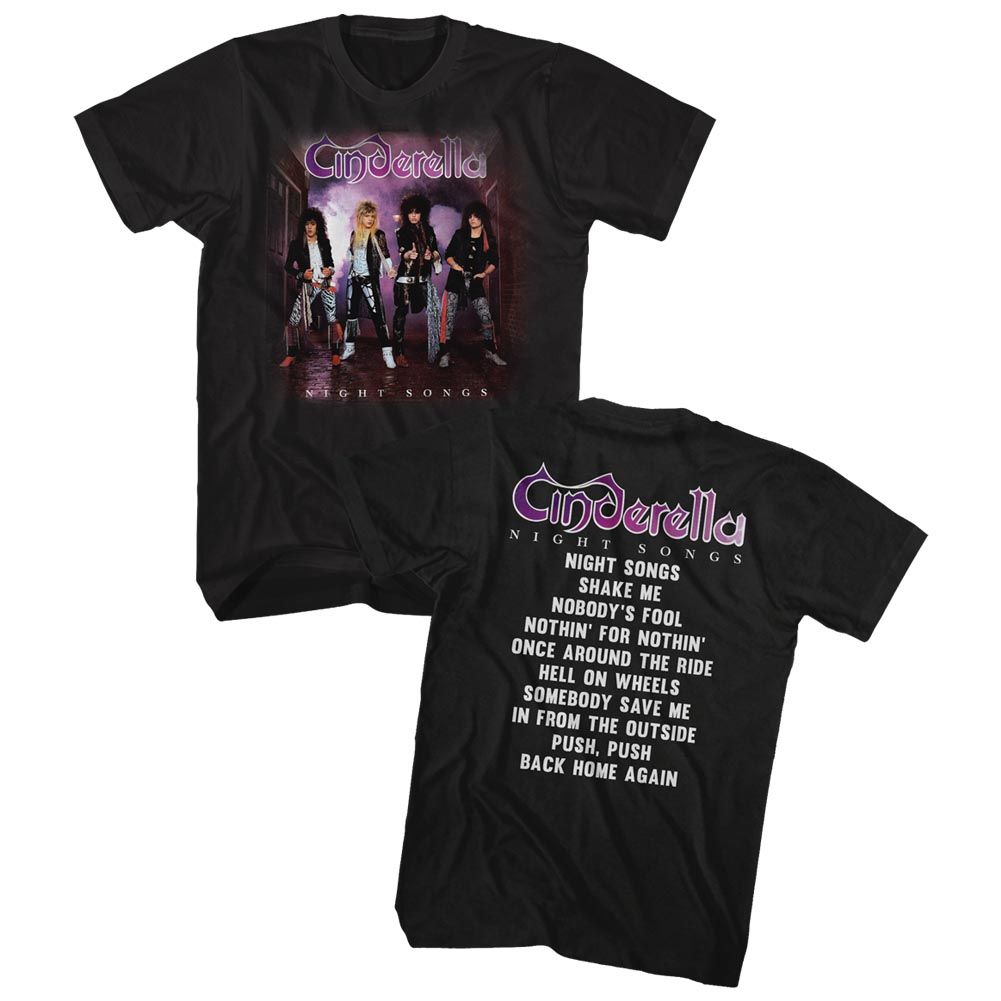 Black Cinderella band t-shirt featuring Cinderella Night Songs 1986 album art design