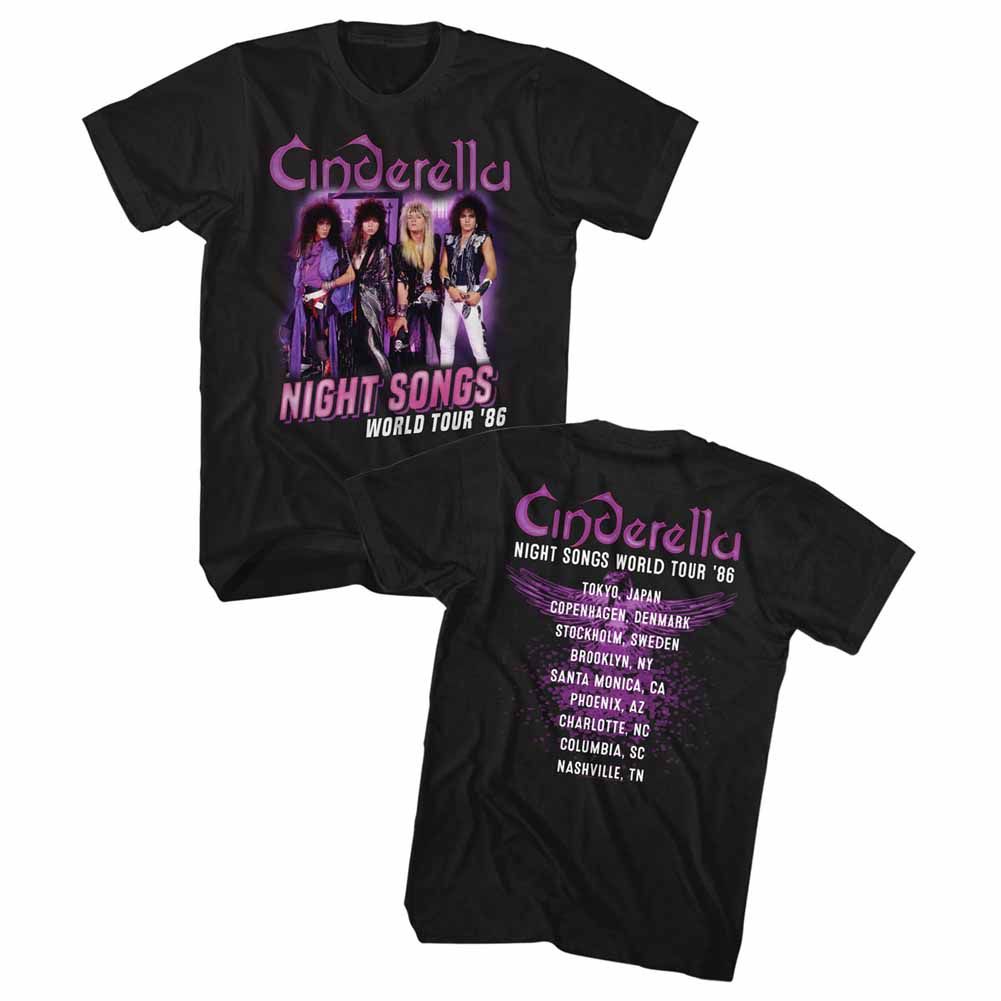 Black Cinderella band t-shirt featuring Cinderella Night Songs Tour design
