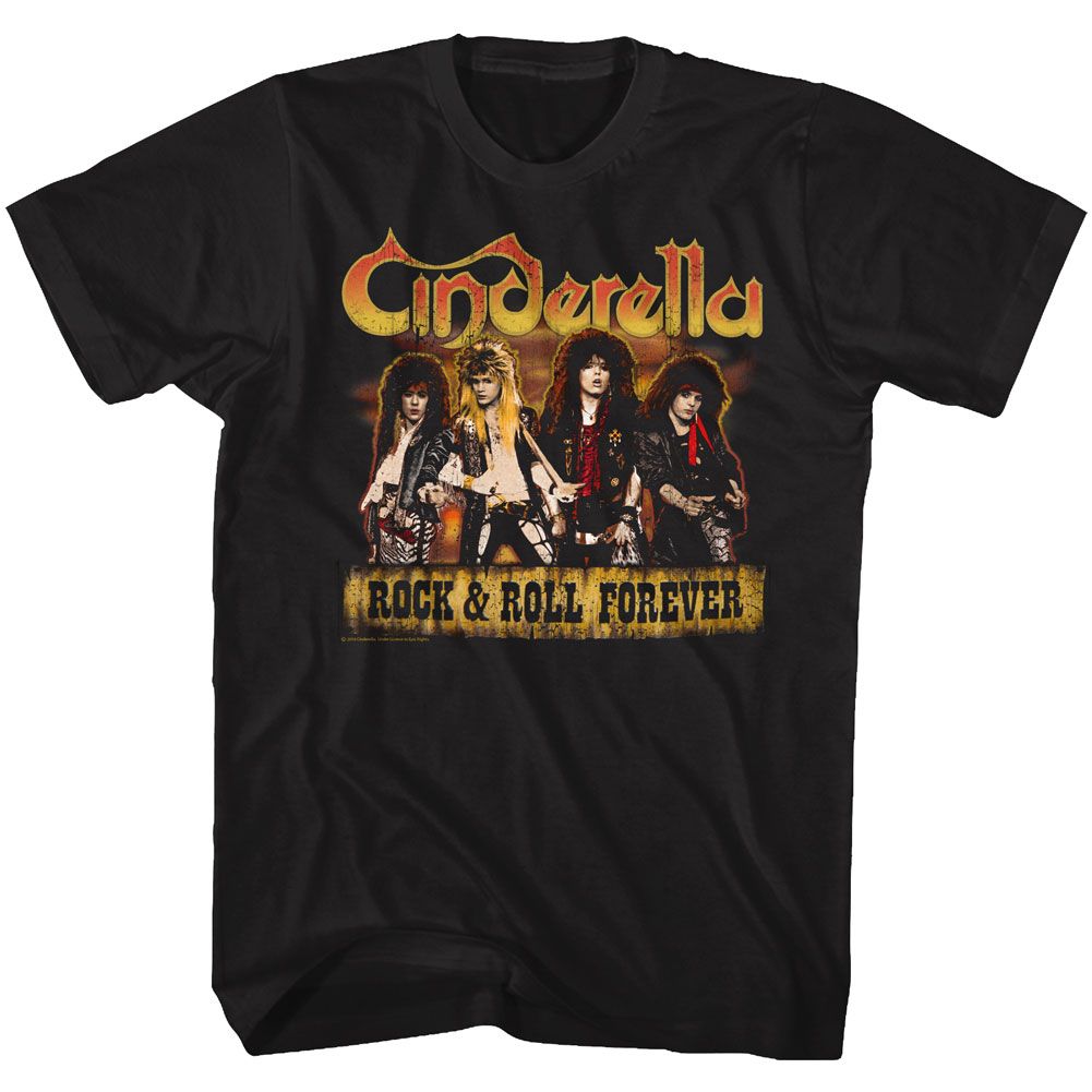 Black Cinderella band t-shirt featuring Cinderella Dudes Forever design