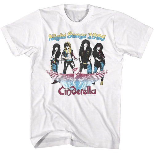 White Cinderella band t-shirt featuring Cinderella Night Songs 1986 design