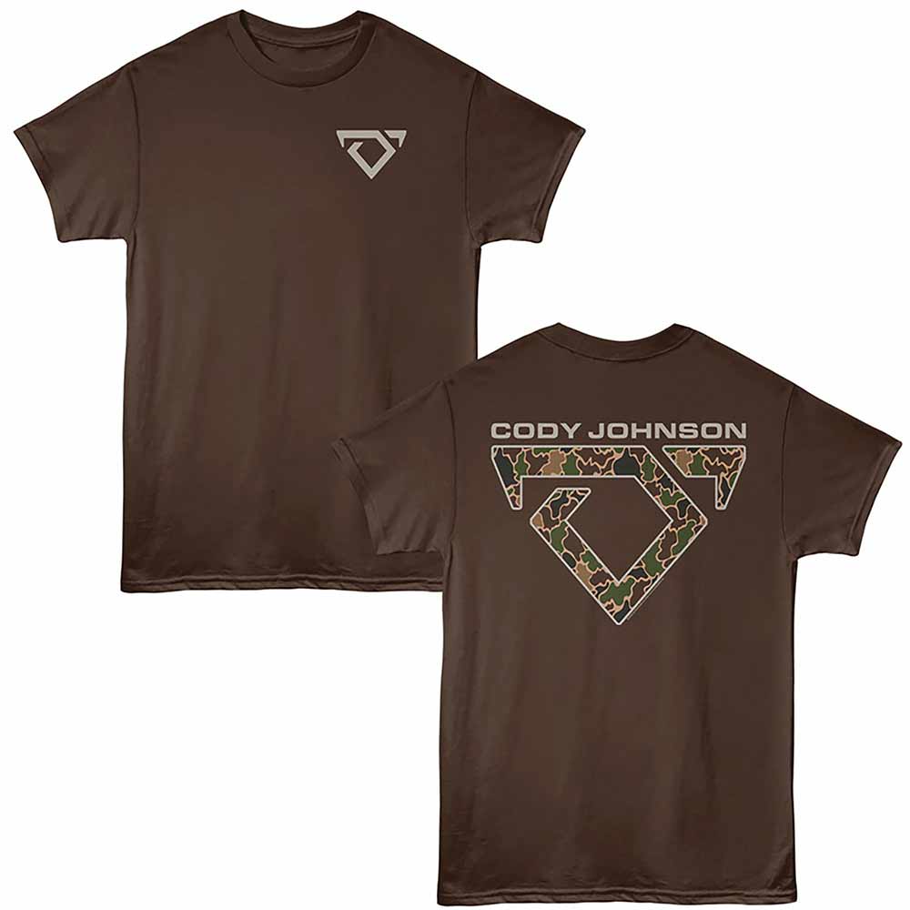 Dark chocolate brown Cody Johnson t-shirt featuring a Camo Logo design