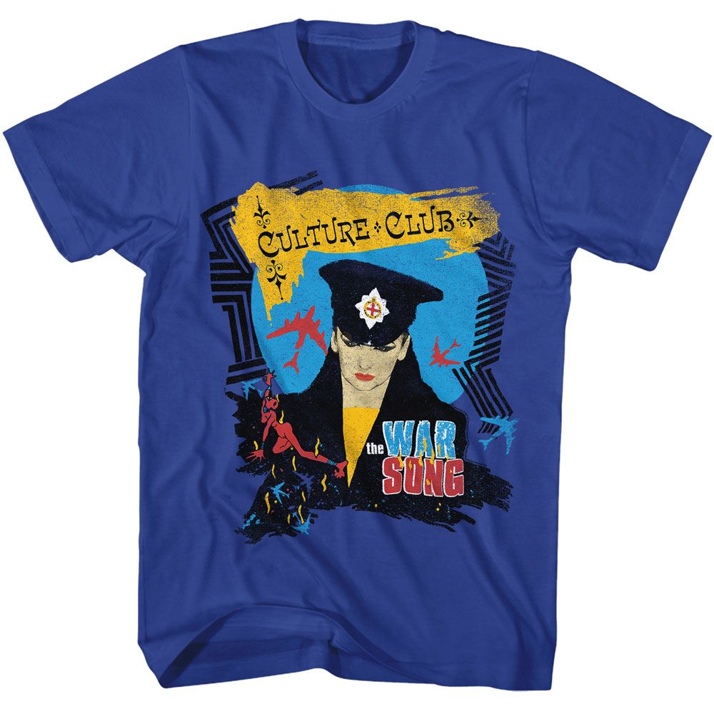 Royal blue Culture Club t-shirt featuring Culture Club The War Song 1984 design