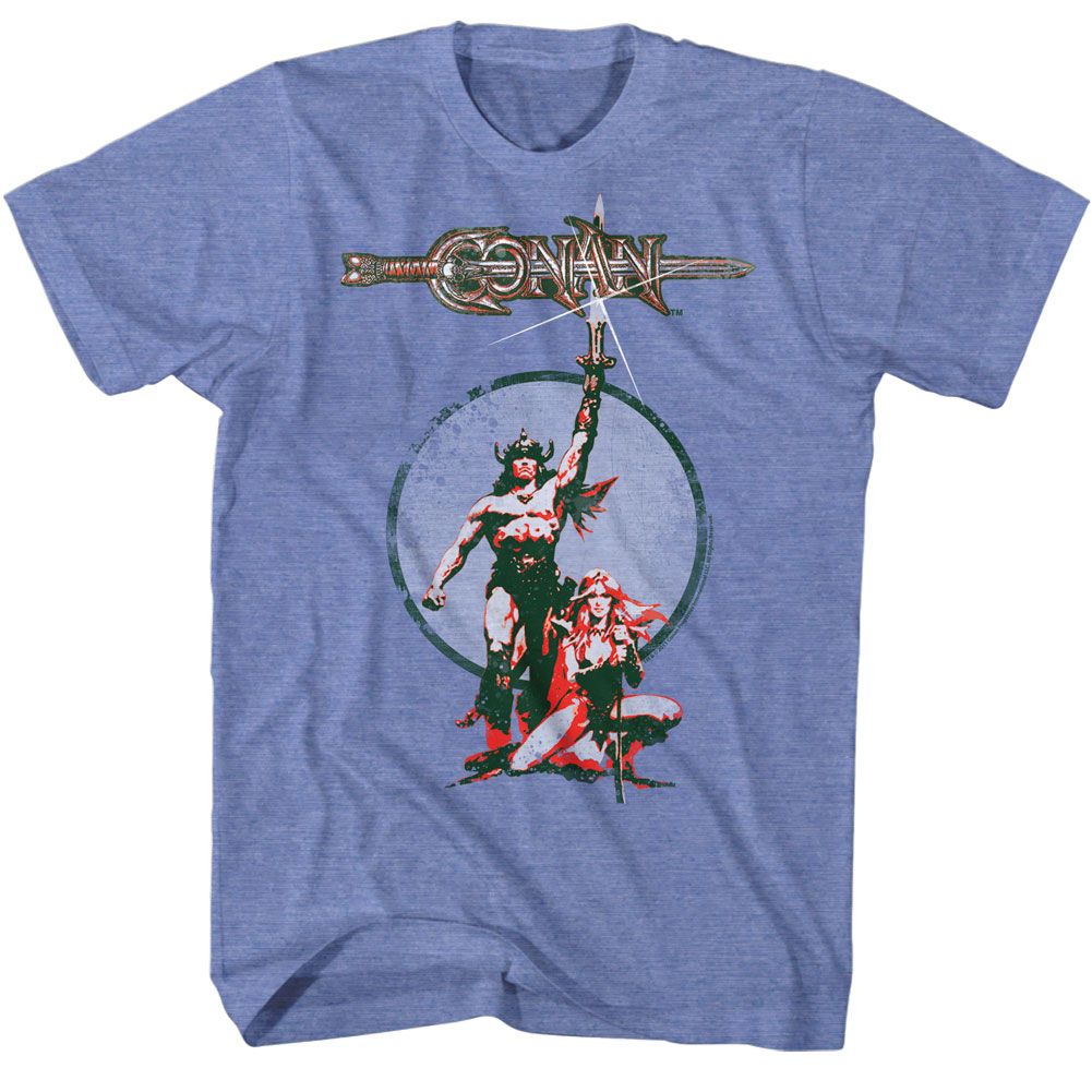 Light blue heather Conan the Barbarian t-shirt featuring Conan the Barbarian 1982 movie poster design