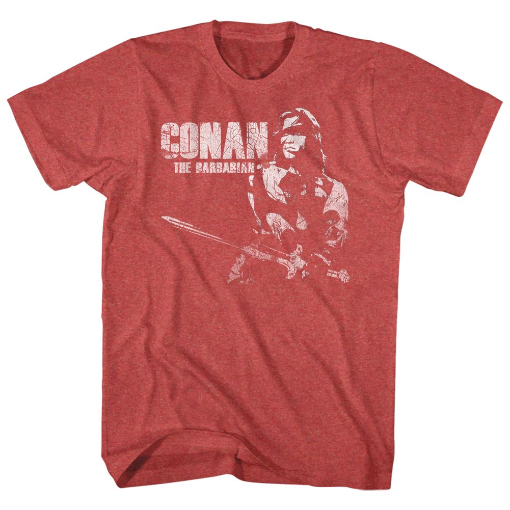 Red heather Conan the Barbarian t-shirt featuring Conan White logo design