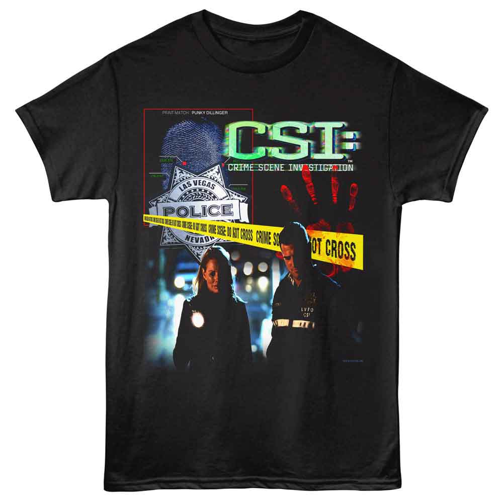 Black CSI t-shirt featuring CSI cast and forensics collage design