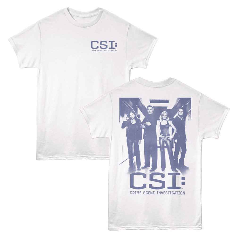 White CSI t-shirt featuring CSI Group Hallway front and back design