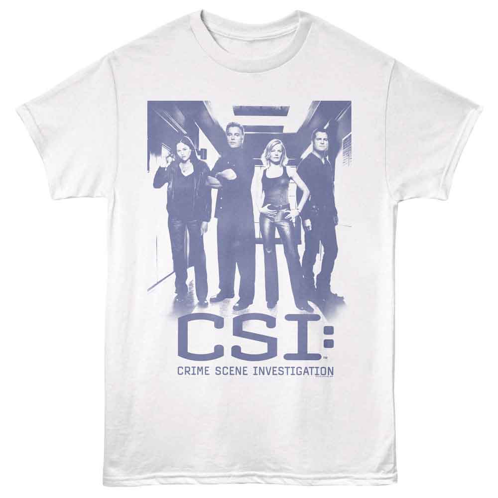 White CSI t-shirt featuring CSI Group Hallway design