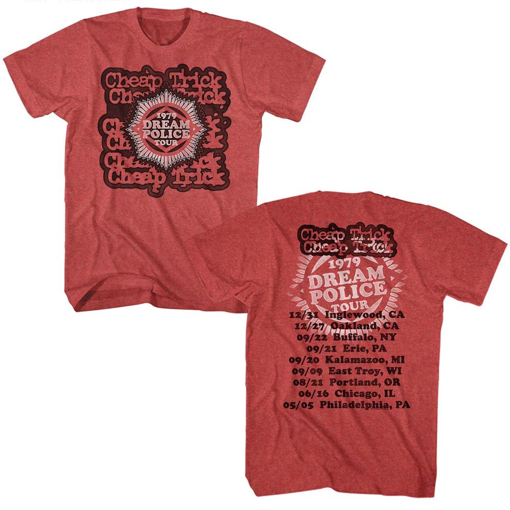 Red heather Cheap Trick t-shirt featuring Cheap Trick Dream Police Tour 1979 design