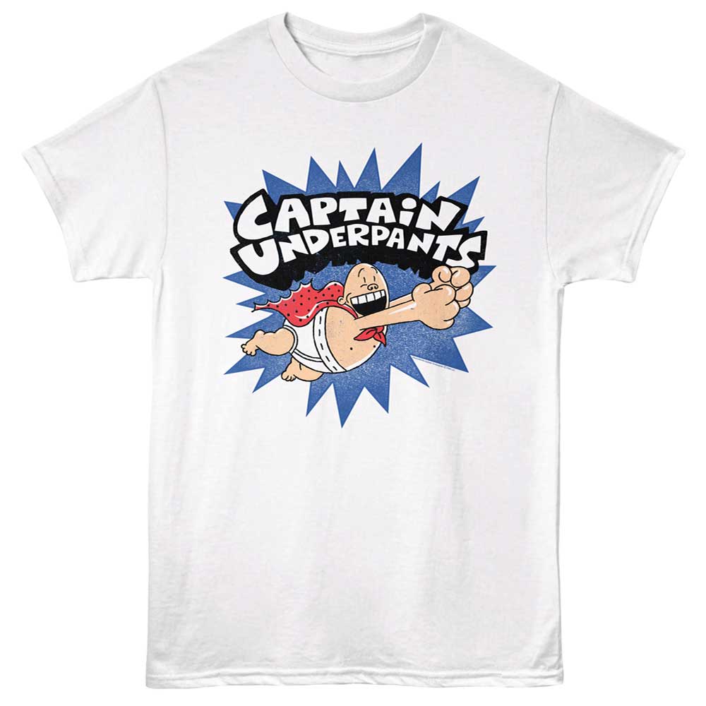 White Captain Underpants t-shirt featuring Captain Underpants Flying design