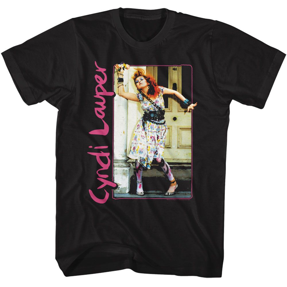 Black Cyndi Lauper t-shirt featuring Cyndi Lauper Painted Dress And Tights design