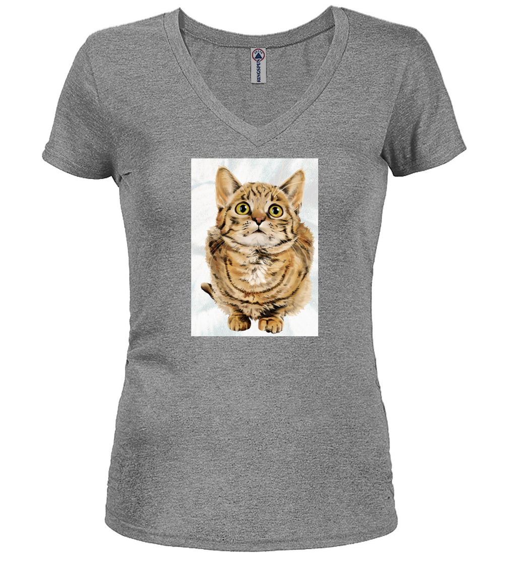 Gray Cat Look Up Juniors V-Neck T-Shirt