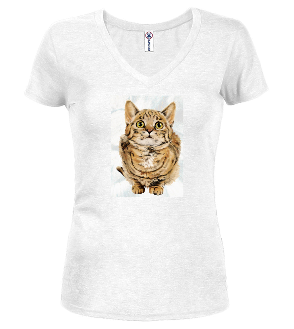 White Cat Look Up Juniors V-Neck T-Shirt