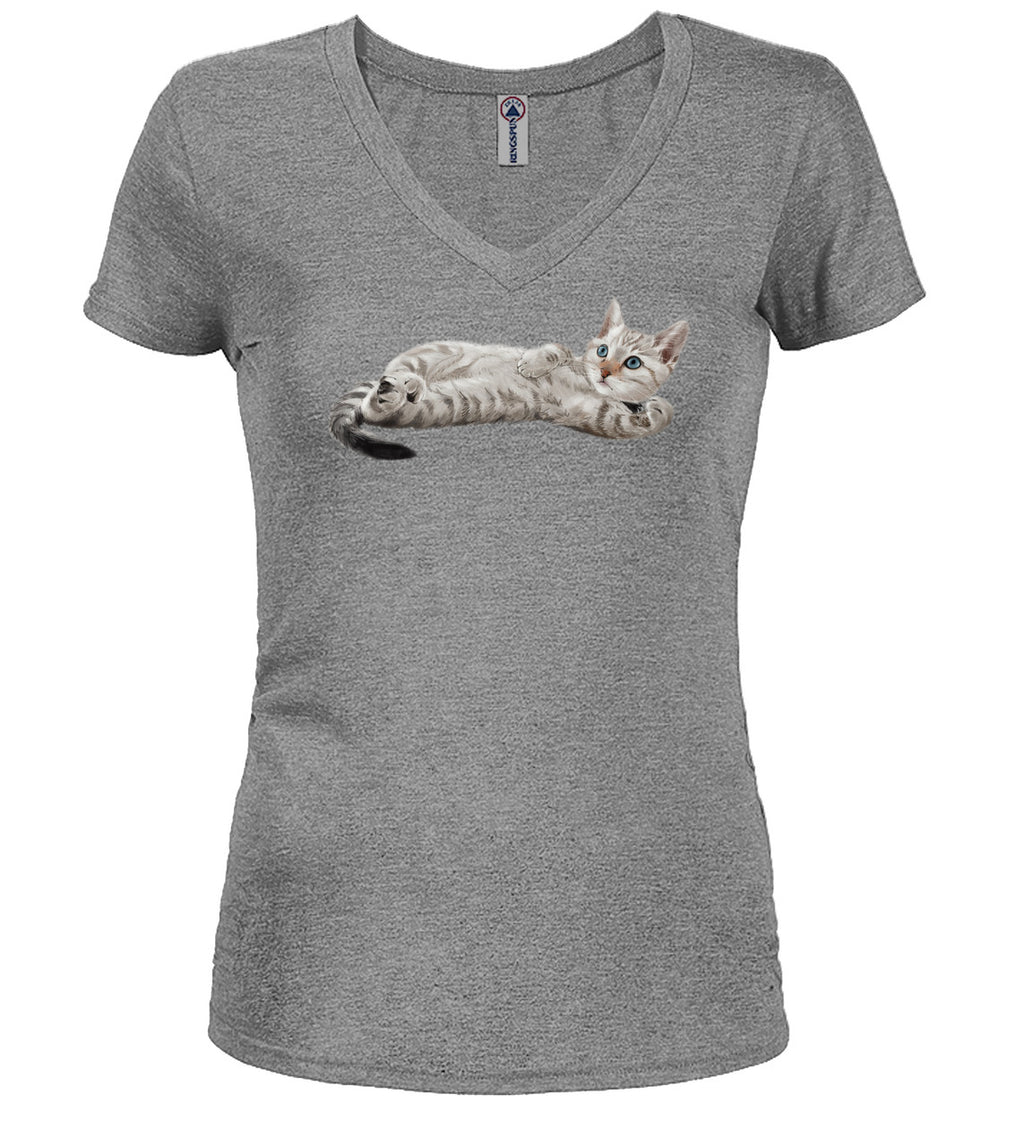 Gray Cat Spluff Juniors V-Neck T-Shirt