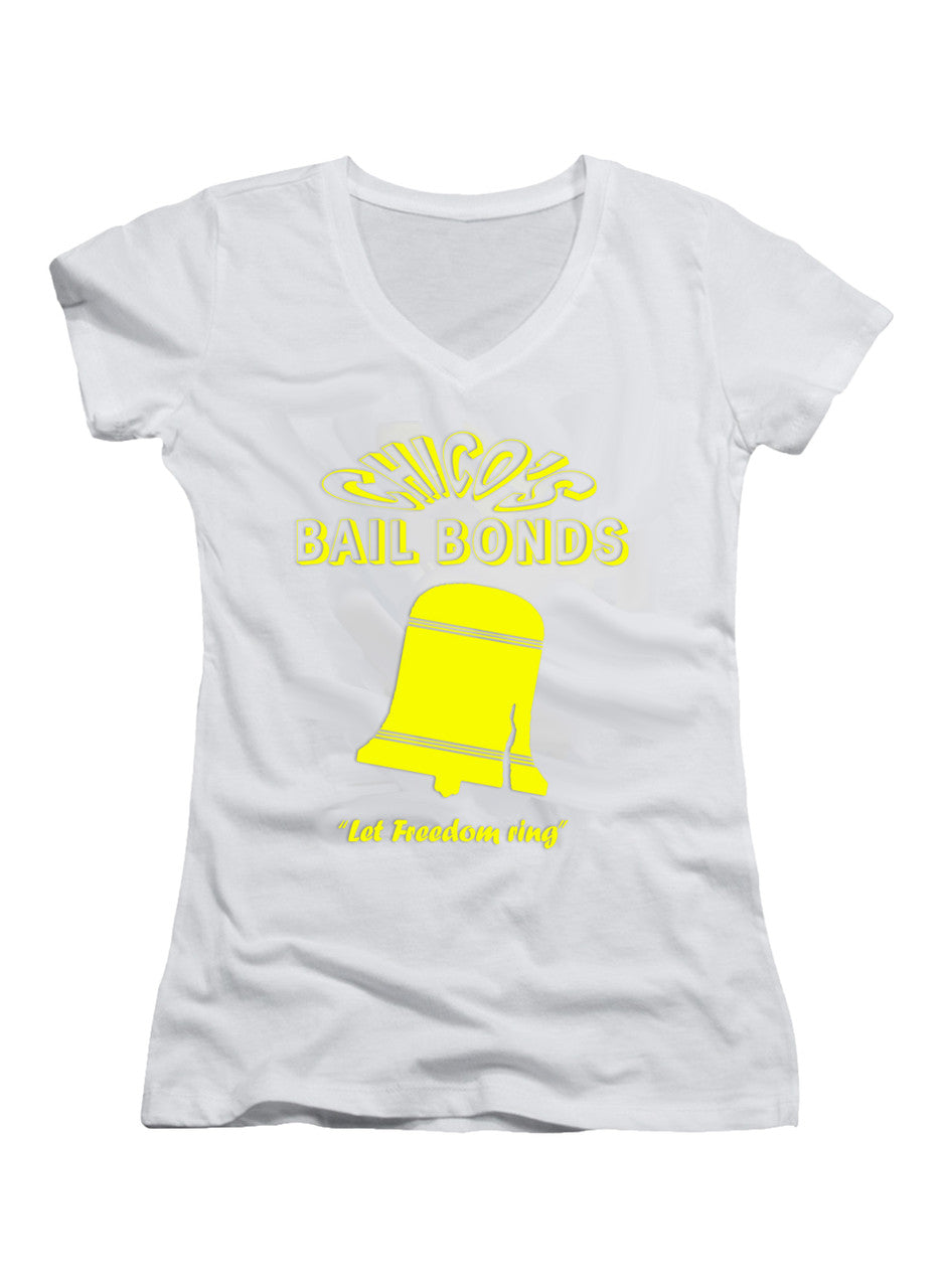 White Chico's Bail Bonds Juniors V-Neck T-Shirt