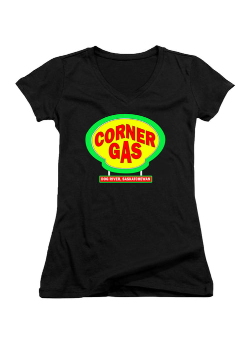 Black Corner Gas Logo Juniors V-Neck T-Shirt