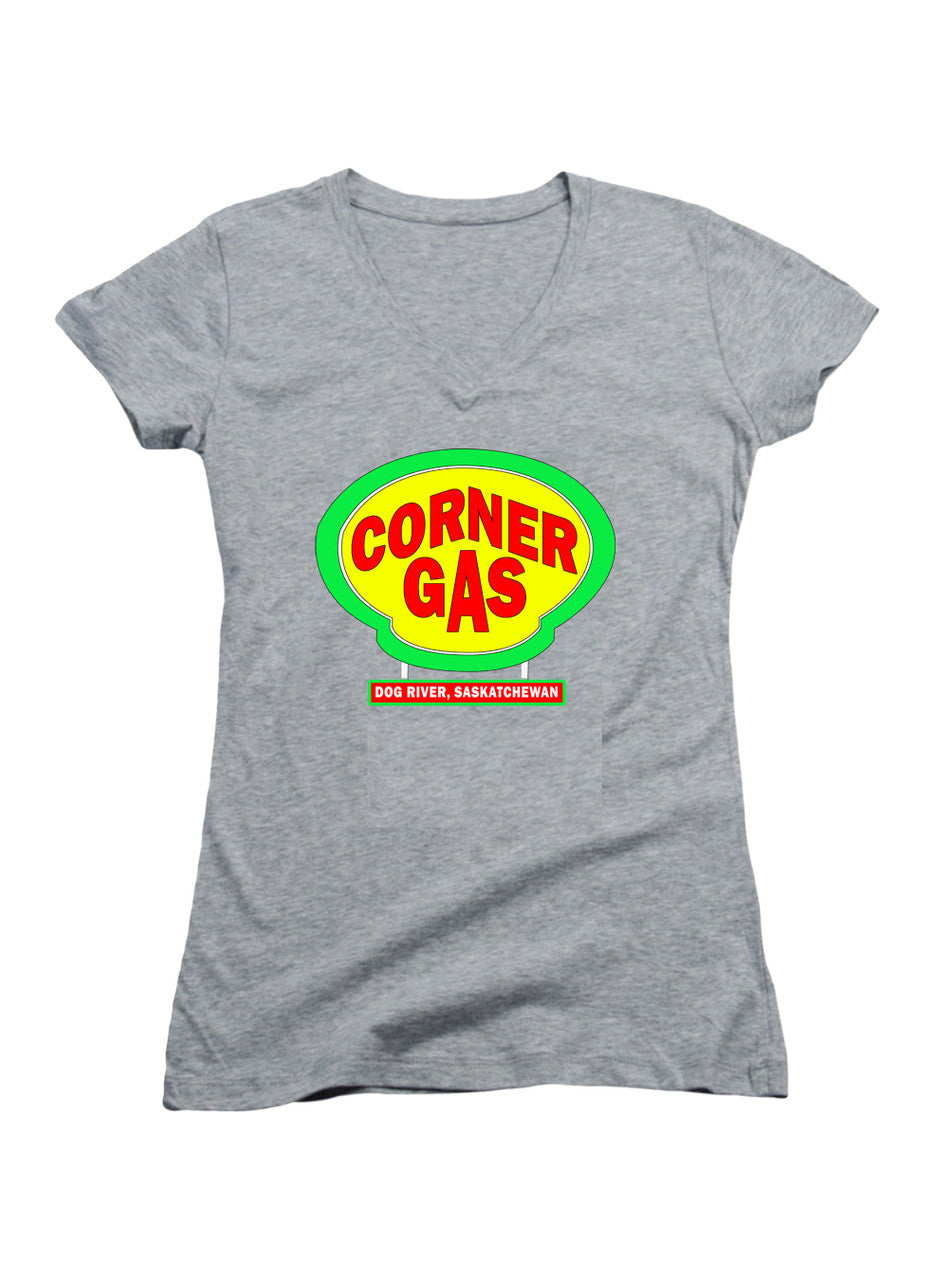 Gray Corner Gas Logo Juniors V-Neck T-Shirt