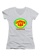 White Corner Gas Logo Juniors V-Neck T-Shirt