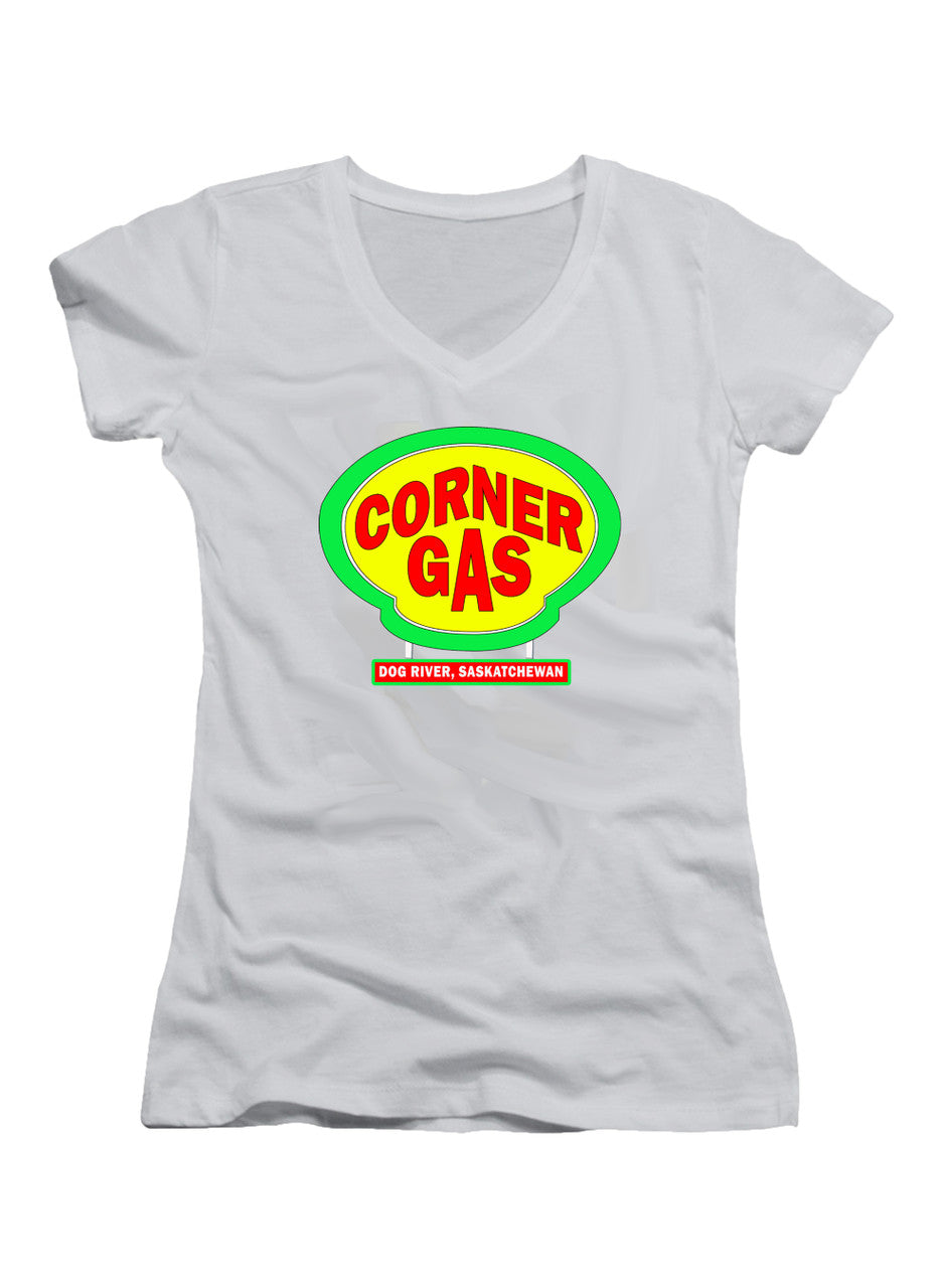 White Corner Gas Logo Juniors V-Neck T-Shirt