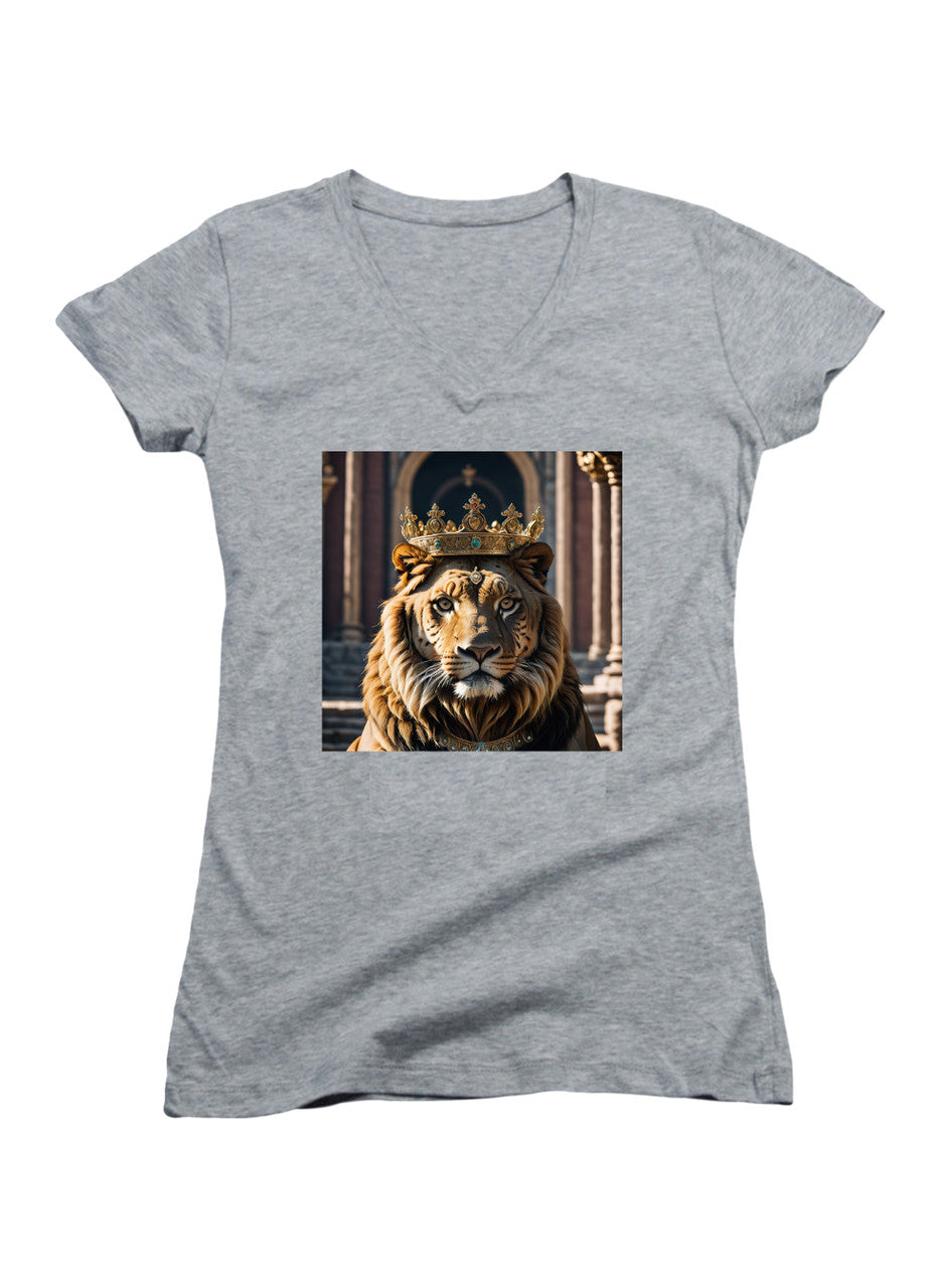 Gray Crowned Big Cat Juniors V-Neck T-Shirt