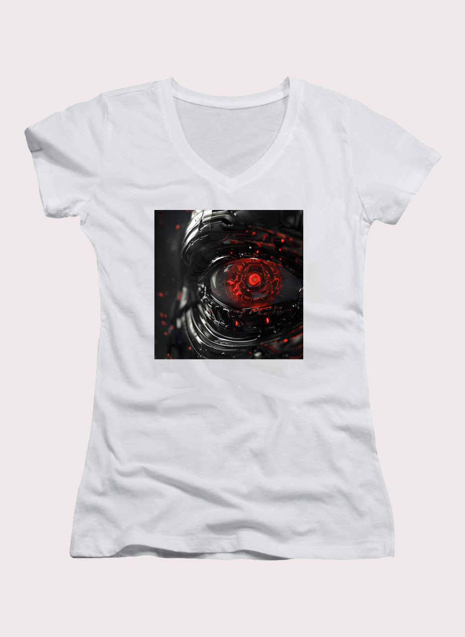 White Cyborg Eye Juniors V-Neck T-Shirt