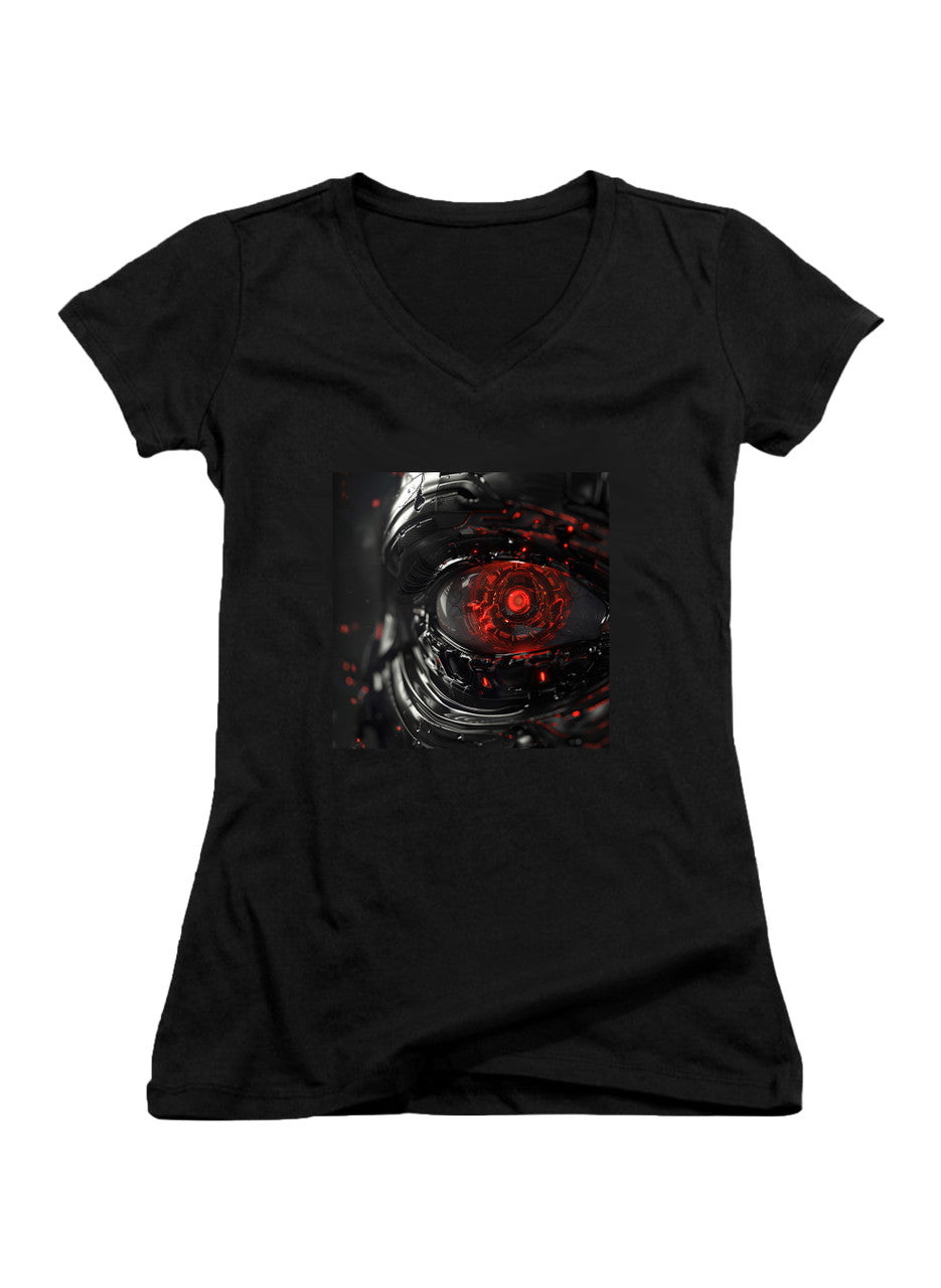 Black Cyborg Eye Juniors V-Neck T-Shirt