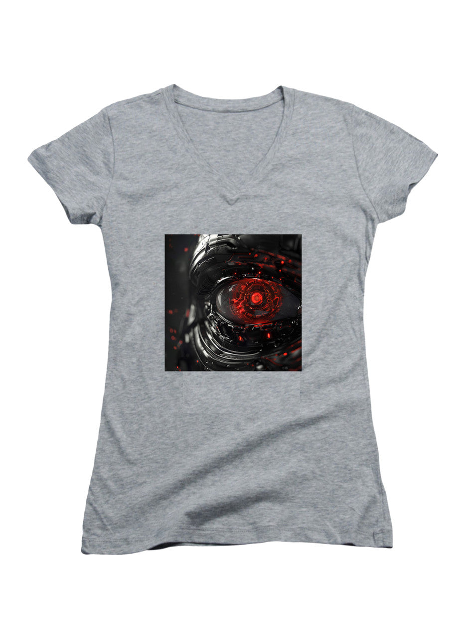 Gray Cyborg Eye Juniors V-Neck T-Shirt