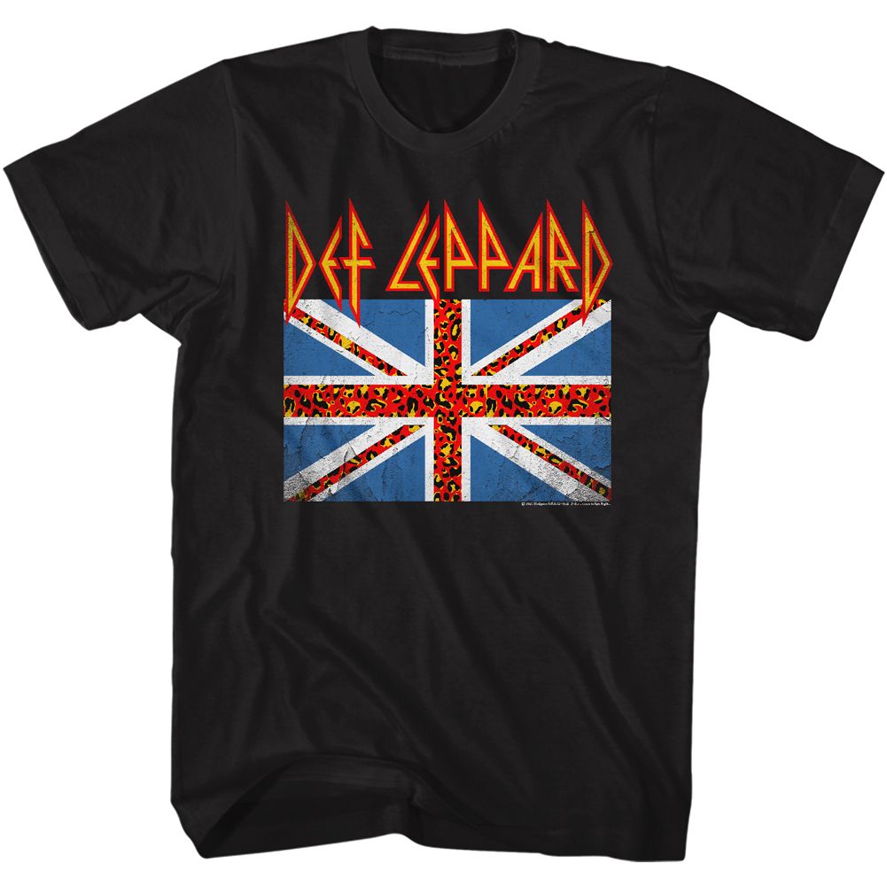 Black Def Leppard t-shirt featuring Def Leppard Leopard Flag design