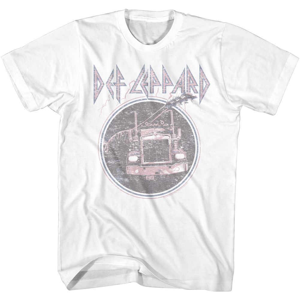 White Def Leppard t-shirt featuring Def Leppard Pink Truck Blue design