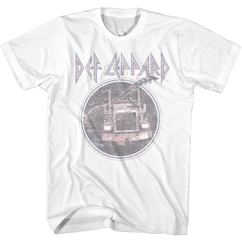 White Def Leppard t-shirt featuring Def Leppard Pink Truck Blue design