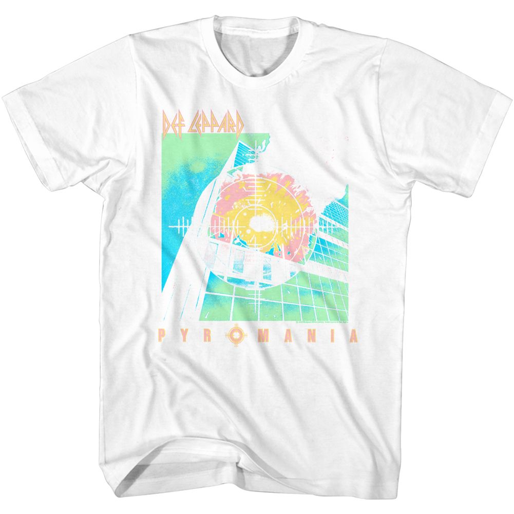 White Def Leppard t-shirt featuring Def Leppard Bright Color Pyromania design
