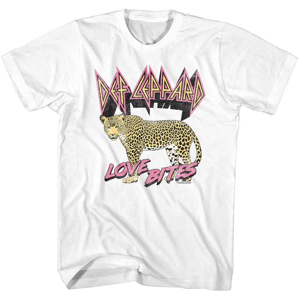 White Def Leppard t-shirt featuring Def Leppard Love Bites Leopard design