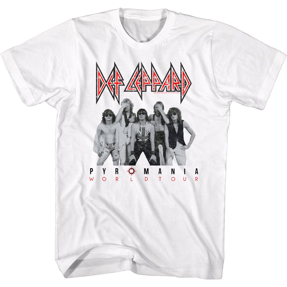 White Def Leppard t-shirt featuring Def Leppard Pyromania White design