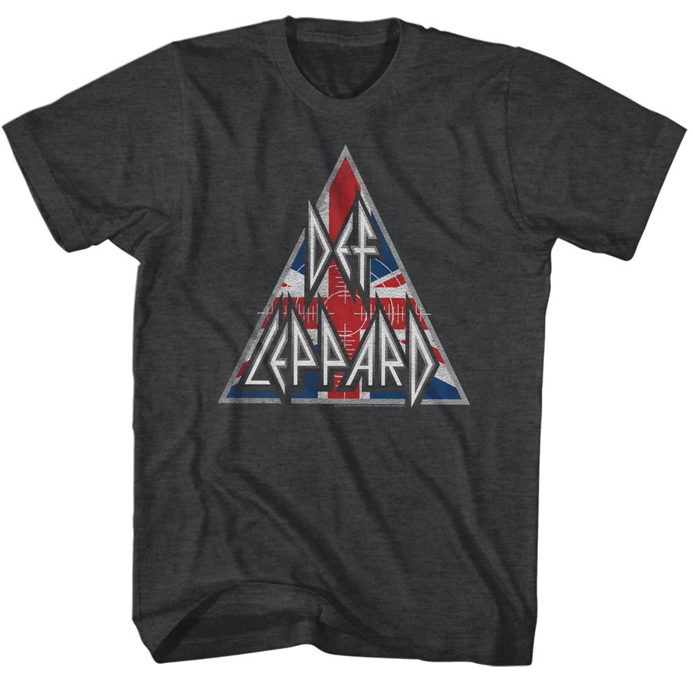 Black heather Def Leppard t-shirt featuring Def Leppard British Union Jack Logo design