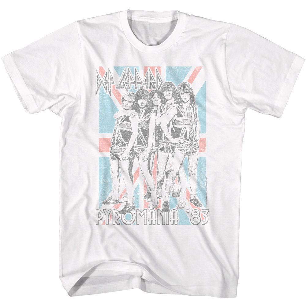 White Def Leppard t-shirt featuring Def Leppard Pyromania Flag design