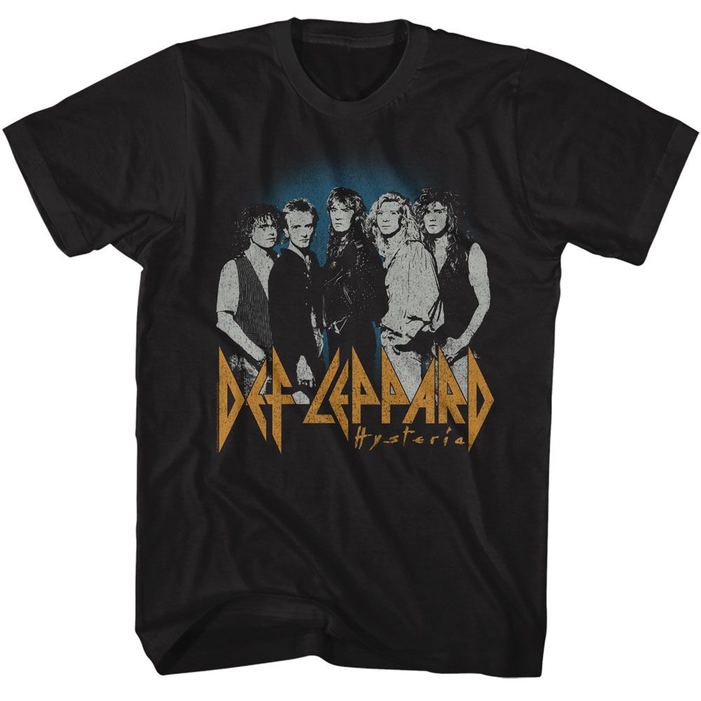 Black Def Leppard t-shirt featuring Def Leppard Blue Fade Background design