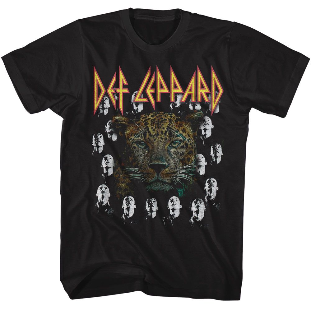Black Def Leppard t-shirt featuring Def Leppard Leopard With High N Dry Heads design