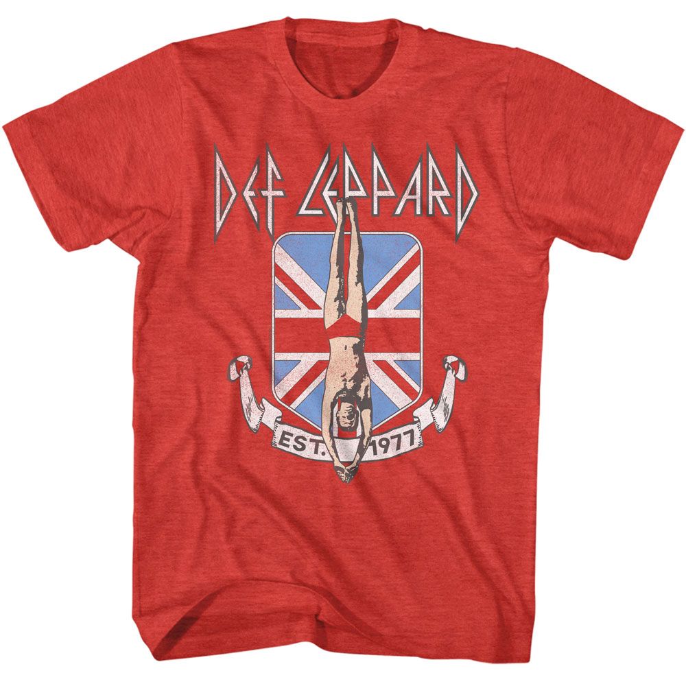 Red heather Def Leppard t-shirt featuring Def Leppard Diver Union Jack design