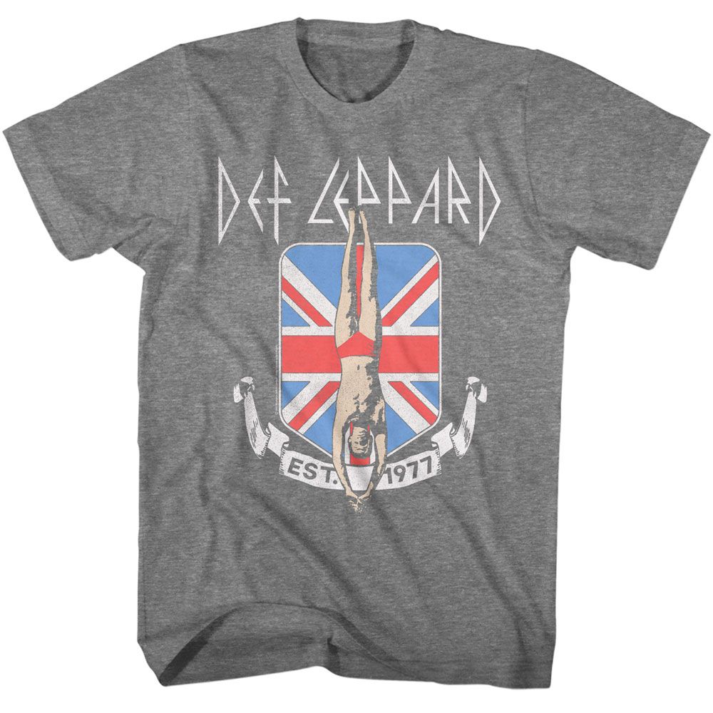 Graphite heather Def Leppard t-shirt featuring Def Leppard Diver Union Jack design