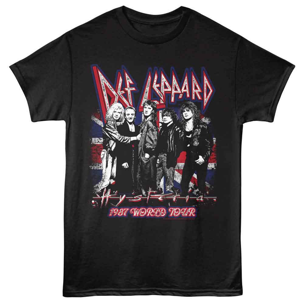Black Def Leppard t-shirt featuring Def Leppard Hysteria Flag design