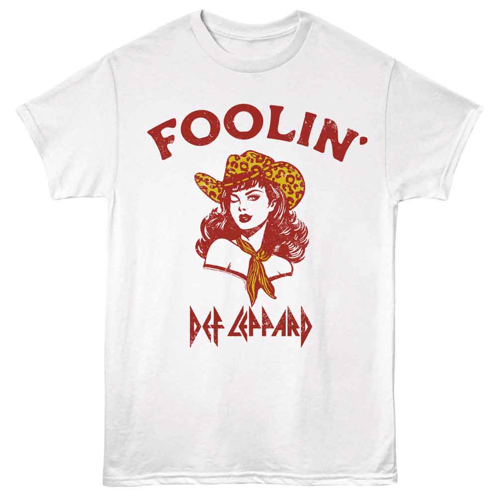 White Def Leppard t-shirt featuring Def Leppard Foolin Cowgirl design