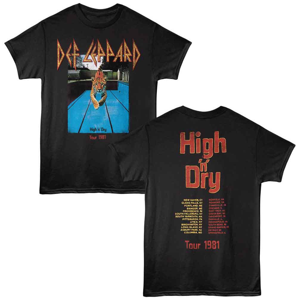 Black Def Leppard t-shirt featuring Def Leppard High N Dry 1981 design