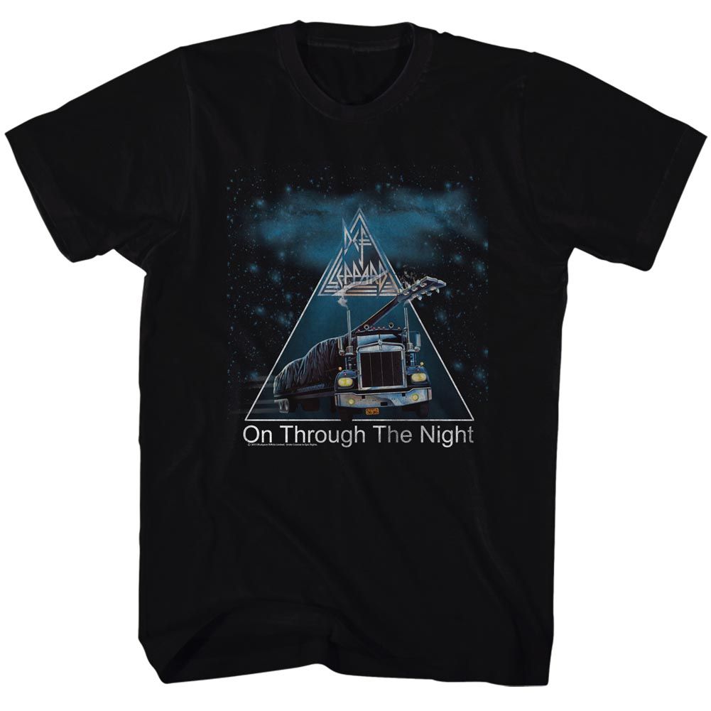 Black Def Leppard t-shirt featuring Def Leppard On Through The Night 1980 design