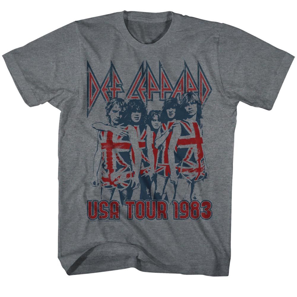 Gray heather Def Leppard t-shirt featuring Def Leppard USA Tour 1983 design