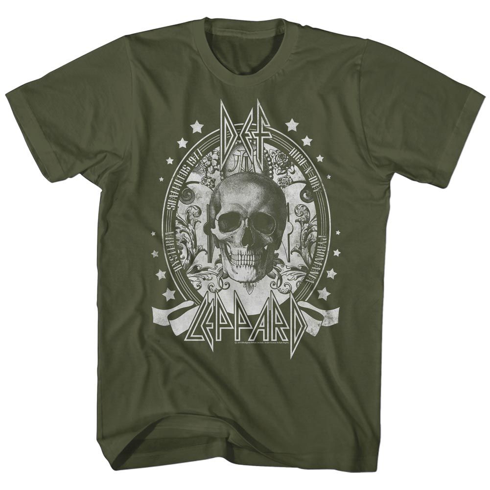 Military green Def Leppard t-shirt featuring Def Leppard Skull design