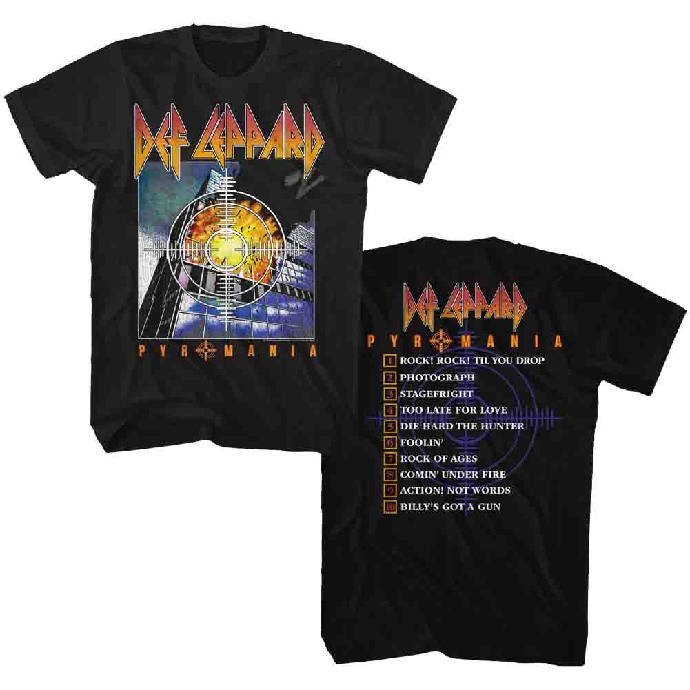 Black Def Leppard t-shirt featuring Def Leppard Pyromania Album front and back design