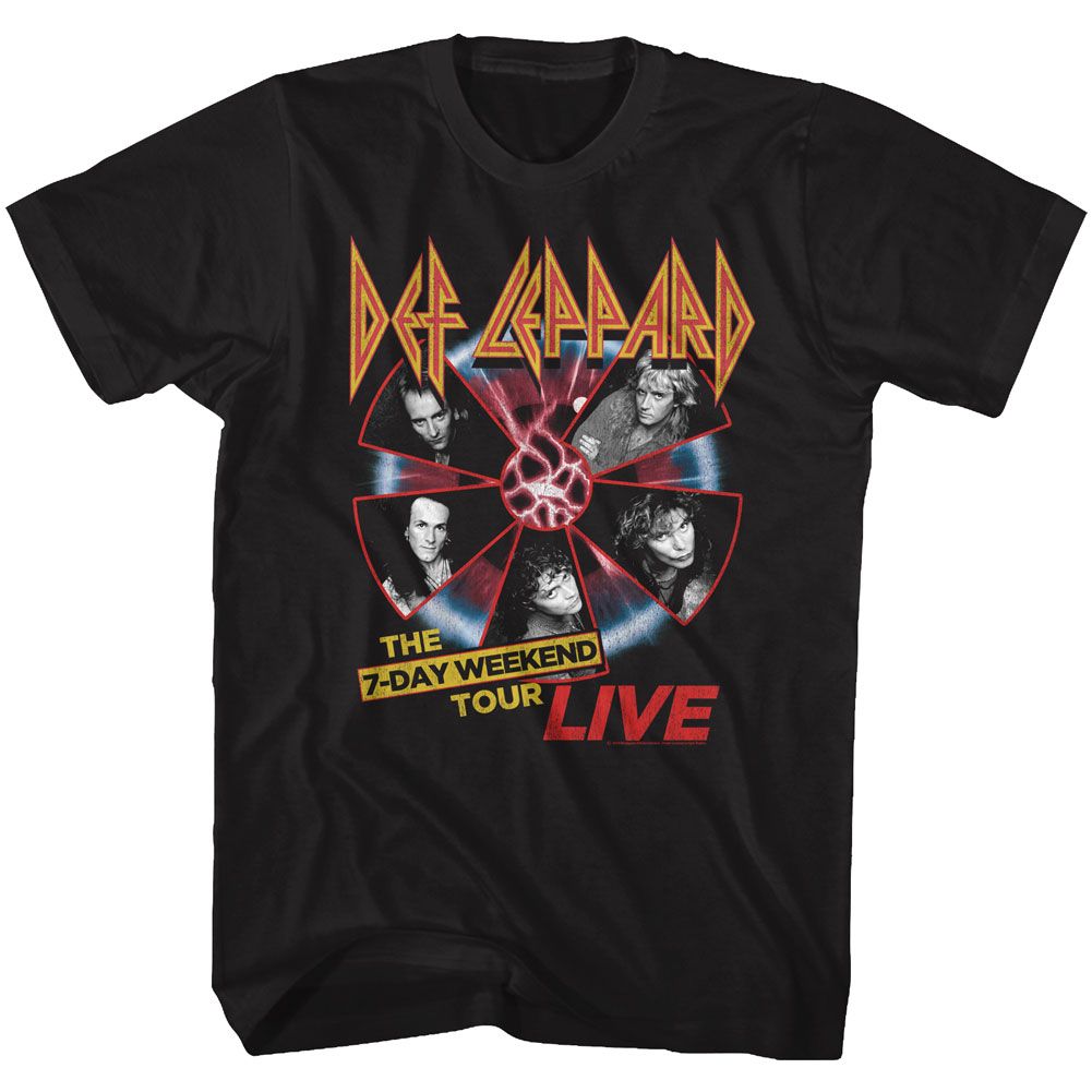 Black Def Leppard t-shirt featuring Def Leppard 7 Day Weekend design